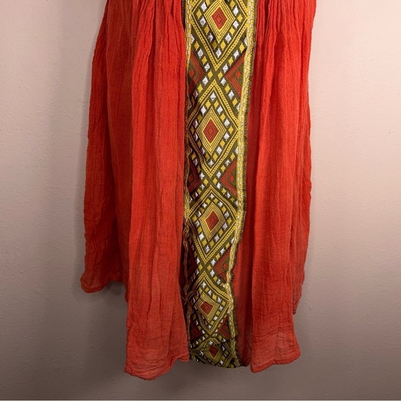 MEDIUM BOHO TRIBAL TOP WOMENS TUNIC TOP ORANGE GOLD EMBROIDERED - Picture 5 of 7